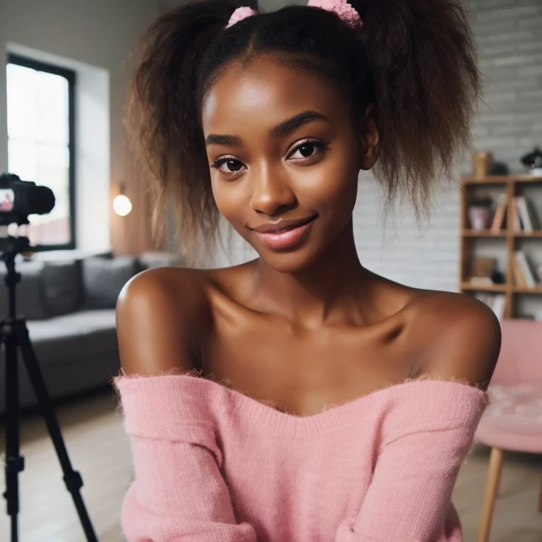 pretty melanin girl wearing pink at her home studio youtube vloger style photo