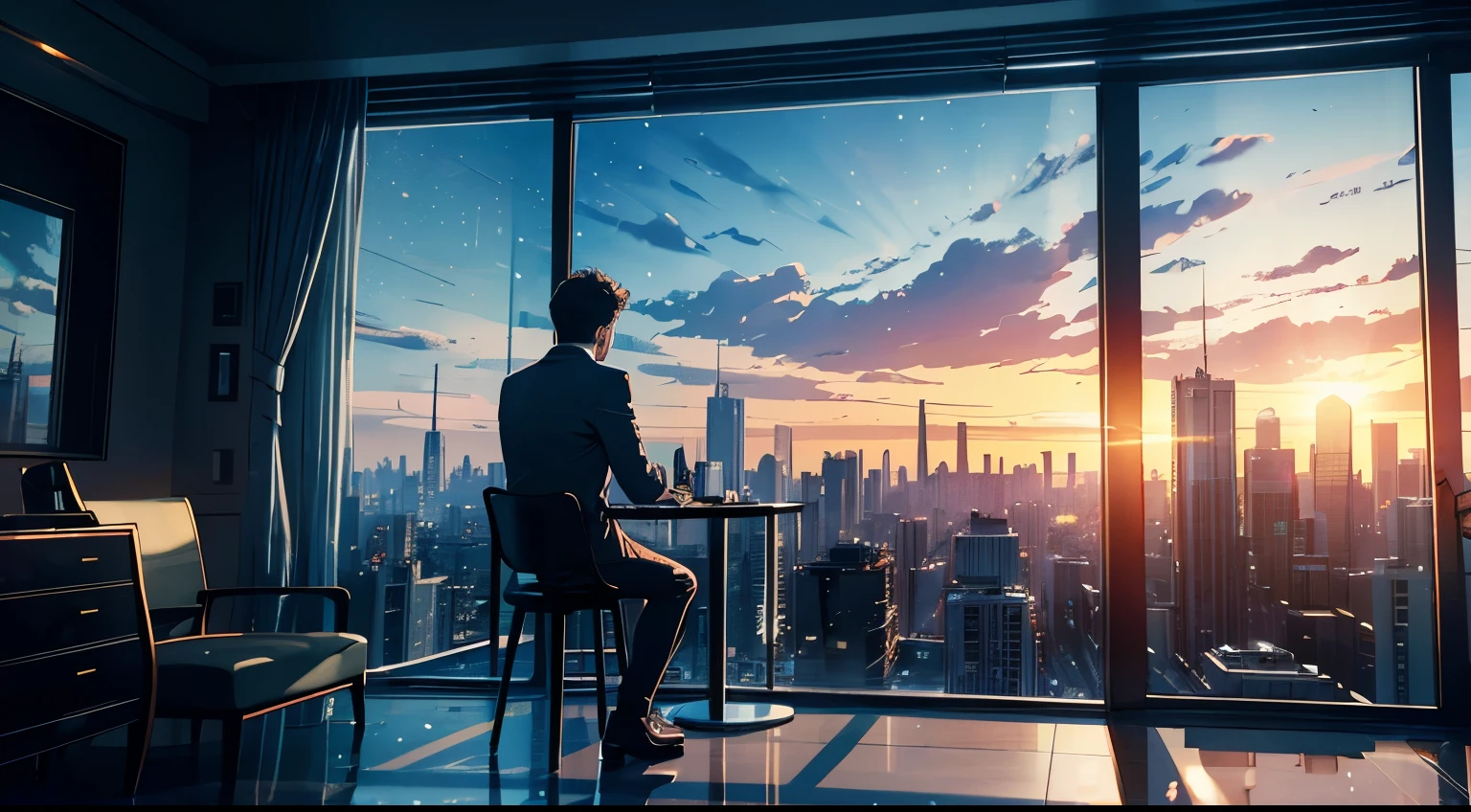 (colored line art:1.3), ((Best quality)), ((masterpiece)), (detailed:1.3), 3D ,HDR (High Dynamic Range), light particles, (lens flare particles:1.2)cinematic shot, dramatic lighting emphasizing shadows, texture-rich details, there is a man sitting in a chair in a living room, penthouse, overlooking a modern city, interior architecture view, expansive view, view from window on city, window and city background, cityscape in the window, overlooking a modern city, many large windows, large glass windows,