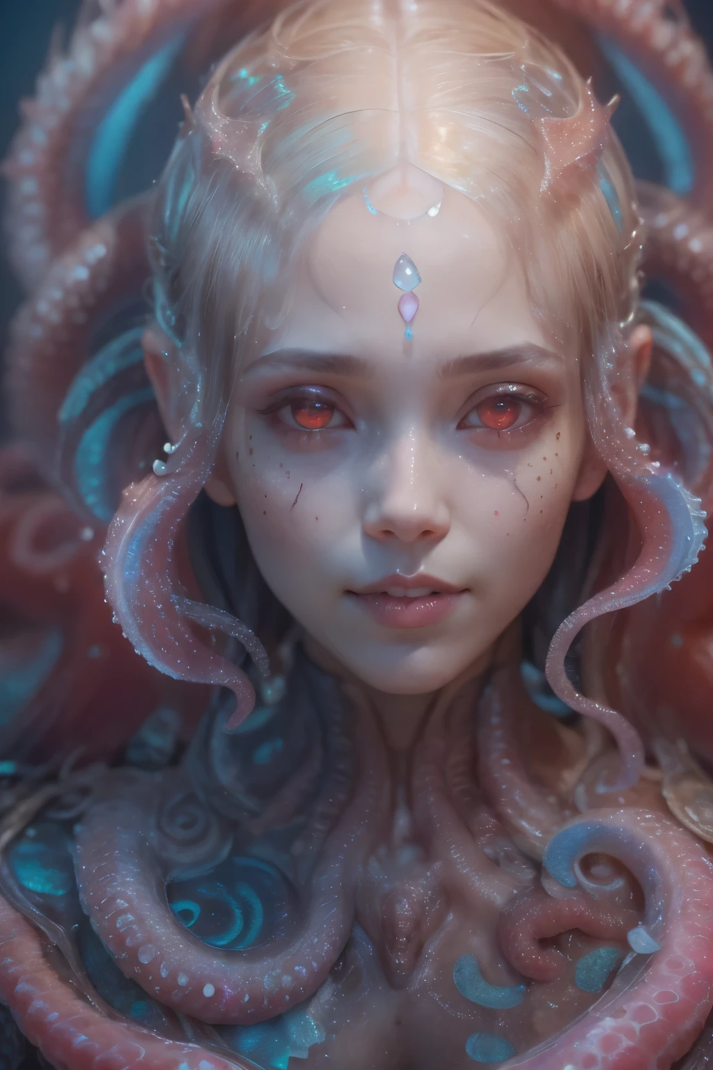 Portrait, (beautiful female alien:1.2), (she has red eyes with no pupils:1.8), (Translucent skin:1.7), (There is a female genital-like organ in the middle of the forehead:1.9), (The most beautiful face in the history of the universe:1.2),an evil gaze that seduces, (large mouth:1.1), (sharp teeth like a vampire:1.2), Full body like, (bio luminescent:1.5), (Smile wickedly:1.3), (sexypose:1.5), alien, No humans, cells are fused, (Lots of translucent tentacles:1.3) extraterrestrial, cell, bio image, Best Quality, 8K,4K_quality, High Definition, Dramatic Lighting, masutepiece:1.5,cinematic quality, detail up, (Intricate details:1.2), High resolution, High Definition, drawing faithfully, (Thick eyebrows:1.2), Beautiful eyes with fine symmetry,(Highly detailed face and eyes:1.2), Intimate face, (Super detailed skin quality feeling:1.4), Perfect Anatomy, (Beautiful toned body:1.5), (Moist skin:1.2), No makeup, (dark circles:1.1), long canines, cinematic drawing of characters, ultra high quality model, cinematic quality, detail up, (Intricate details:1.2), High resolution, High Definition, drawing faithfully, Official art, Unity 8K wall , 8K Portrait, Best Quality, Very High resolution, ultra detailed artistic photography, midnight aura, unreal enginee 5, Ultra Sharp Focus, art by alberto seveso, ArtGerm, Roisch, intricate artwork, best quality, masutepiece, ultra High resolution, (photos realistic:1.4), Ultra-realistic realism, dream-like, nautilus, Creation of fantasy, Snail, Dream Snail, biopunk nautilus, Thrilling color schemes, Ultra-realistic realism, seductively smiling, Blue tentacles,