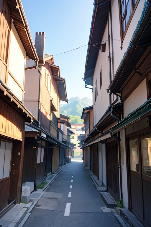There is a photo of a building，The background is a mountain, beautiful anime scenes, Anime beautiful peaceful scene, Anime landscapes, 美丽的Anime landscapes, in style of kyoto animation, Screenshot of the 2012 animation, Kuro anime screenshots, Makoto Shinkai's style, Xinhai sincerely. —h 2160, kyoto animation still