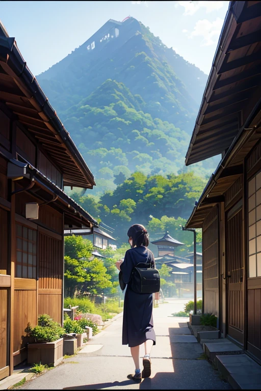 There is a photo of a building,The background is a mountain, beautiful anime scenes, Anime beautiful peaceful scene, Anime landscapes, 美丽的Anime landscapes, in style of kyoto animation, Screenshot of the 2012 animation, Kuro anime screenshots, Makoto Shinkai's style, Xinhai sincerely. —h 2160, kyoto animation still