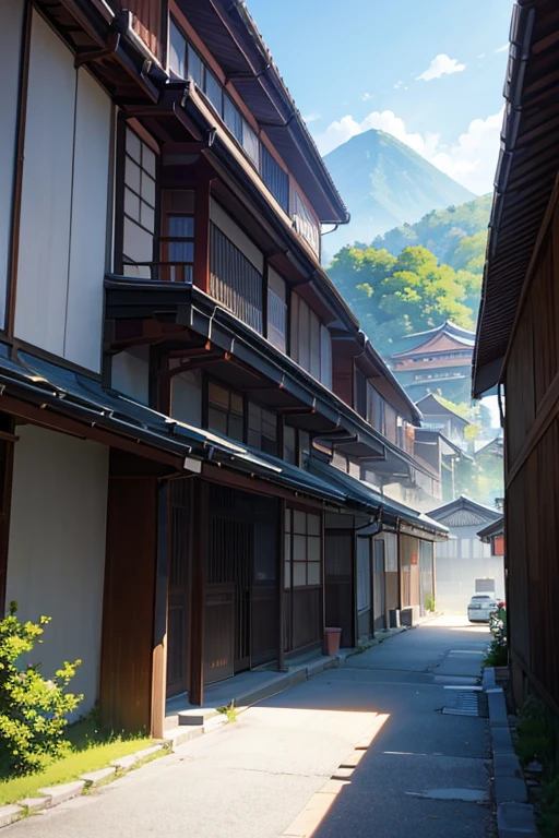 There is a photo of a building,The background is a mountain, beautiful anime scenes, Anime beautiful peaceful scene, Anime landscapes, 美丽的Anime landscapes, in style of kyoto animation, Screenshot of the 2012 animation, Kuro anime screenshots, Makoto Shinkai's style, Xinhai sincerely. —h 2160, kyoto animation still