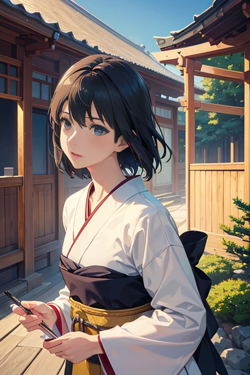 (best quality,4k,8k,highres,masterpiece:1.2),ultra-detailed,(realistic,photorealistic,photo-realistic:1.37),beautiful detailed eyes,beautiful detailed lips,extremely detailed eyes and face,longeyelashes,anime,landscape,serene and peaceful atmosphere,traditional Japanese architecture,beautiful mountain backdrop,clear blue sky,anime-style building,artistic depiction of nature,delicate brushstrokes,nature in harmony with architecture,vibrant colors,soft and warm lighting,subtle shadows,dreamlike atmosphere,scenic beauty of Kyoto,2012 animated screenshot,artistic still from "Kyoto Animation",stroke of genius by Kyoto Animation,anime-style landscape inspired by Kyoto Animation,inspired by Makoto Shinkai's style,emotionally resonant scenery by Makoto Shinkai