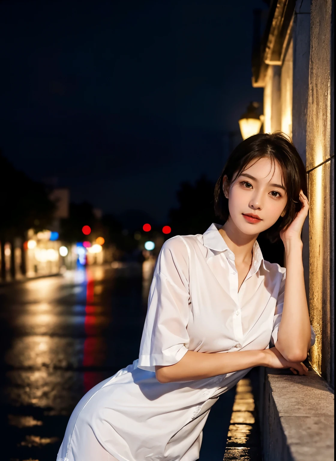 (8K, Best quality at best, tmasterpiece:1.2), (actual, photo-actual:1.37), ultra - detailed, 1 girl,cute big breasts, Alone,beautiful detailed sky,Detailed café,the night,sitted,dated,(nose blushing),(ssmile:1.15),(Keep your mouth shut) small,美丽细致的眼睛,(collared shir:1.1), the night, Wet with,Professional Dress, Sateen,white lace chemise, (short detailed hair:1.2),Floating NovaFrogStyle,