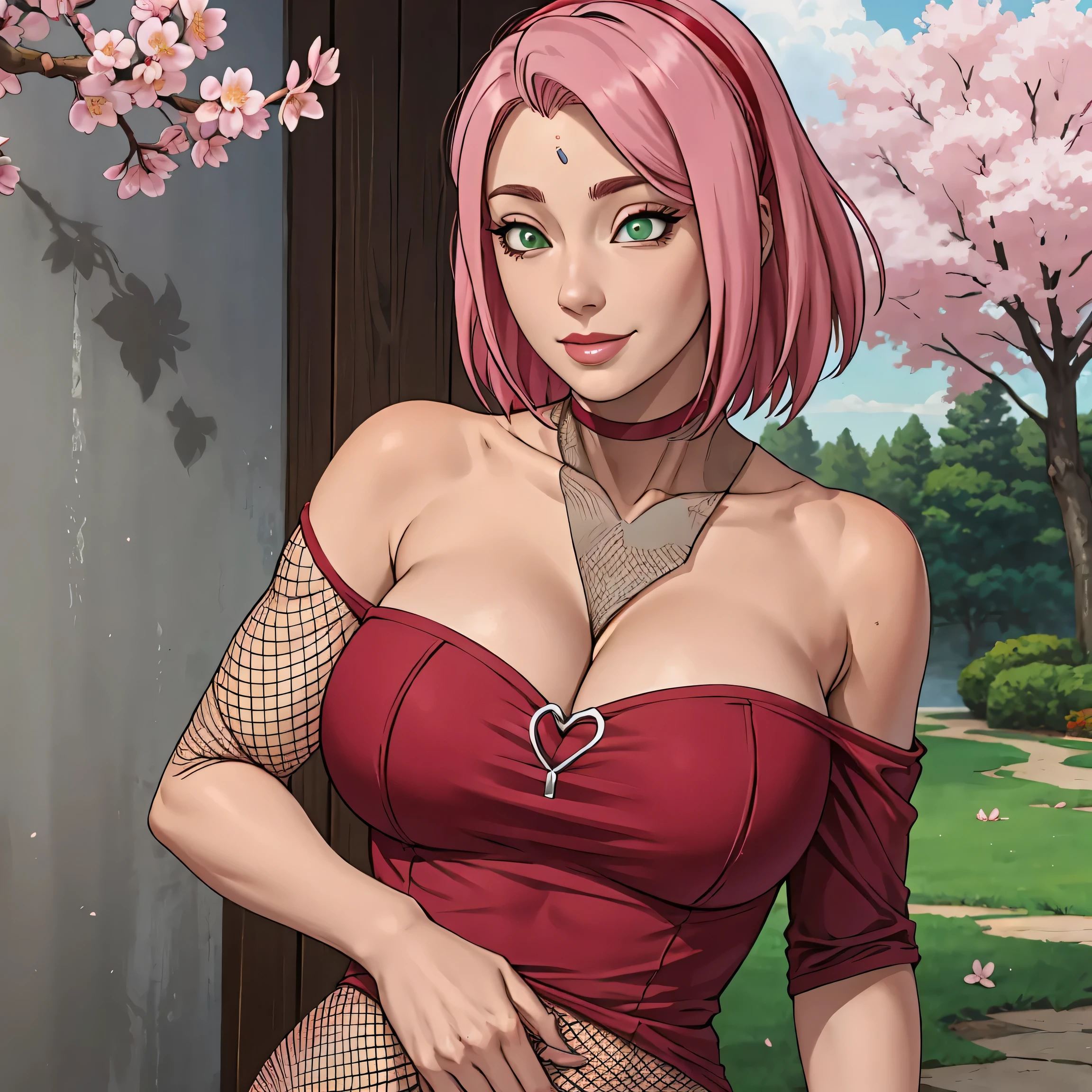 (((cuerpo de rejilla))), Obra maestra， La mejor calidad en el mejor de los casos， 1girll， Sakura Haruno， senos grandes，Vestimenta fuera del hombro，（escote)，（Primer plano de la parte superior del cuerpo)，Criado sexy，is shy，smil，con cabello rosado， Pelo largo blanquecino， （Globos oculares verdes:1.4)， Forehead protection， Los cerezos，Cerezos en flor volando，Ropa roja, Figura tetona, :1.1, :1:1,Agujero de la gloria,chupar polla