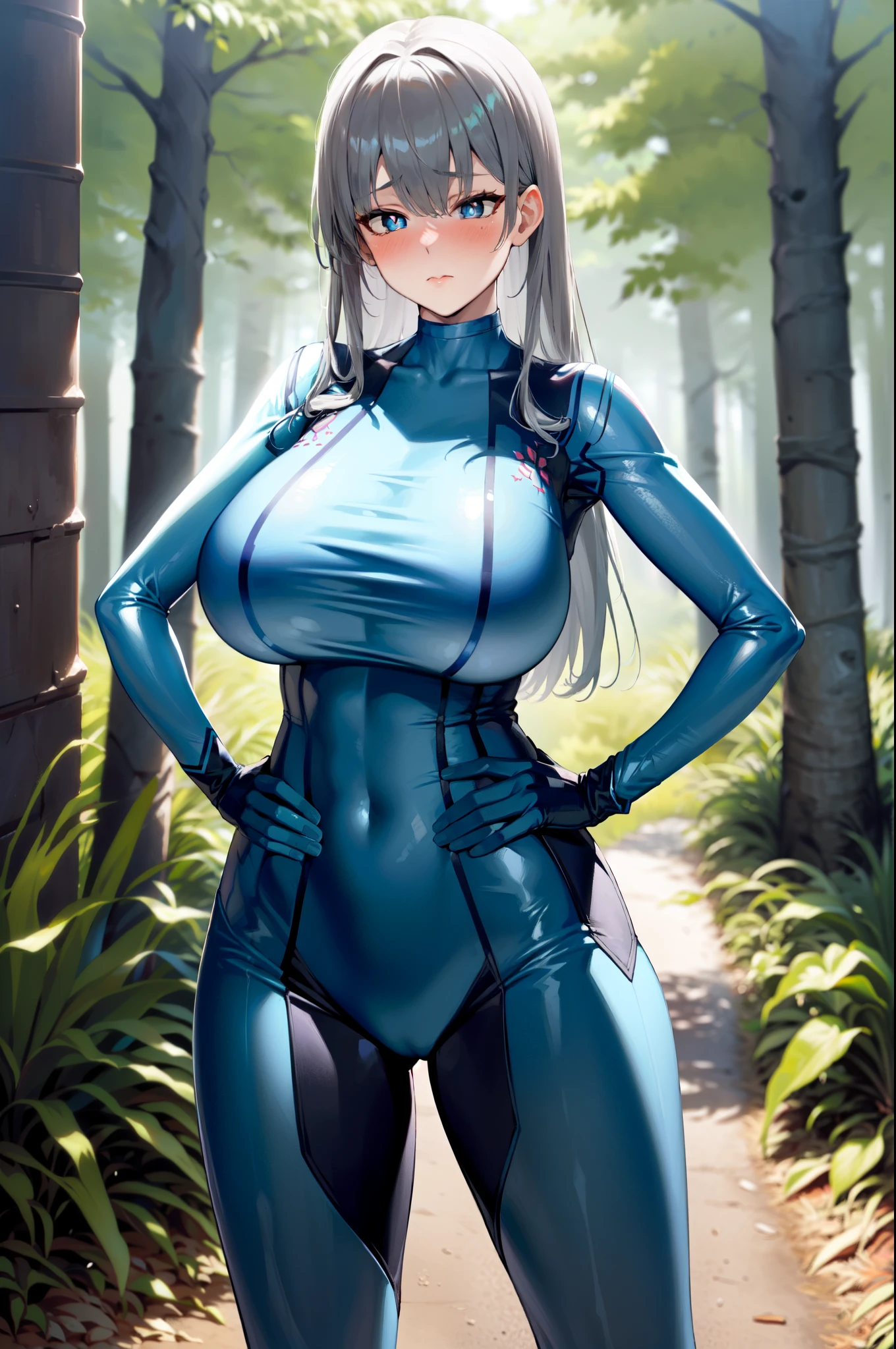 masterpiece, best quality, extremely detailed, 1girl, solo, uzaki hana, (huge breasts), (((grey hair, long hair, blue eyes, slit pupils))), parted lips, (((zero suit, blue gloves))), ((blush, :(), closed mouth), ((hands on own hips, forest))