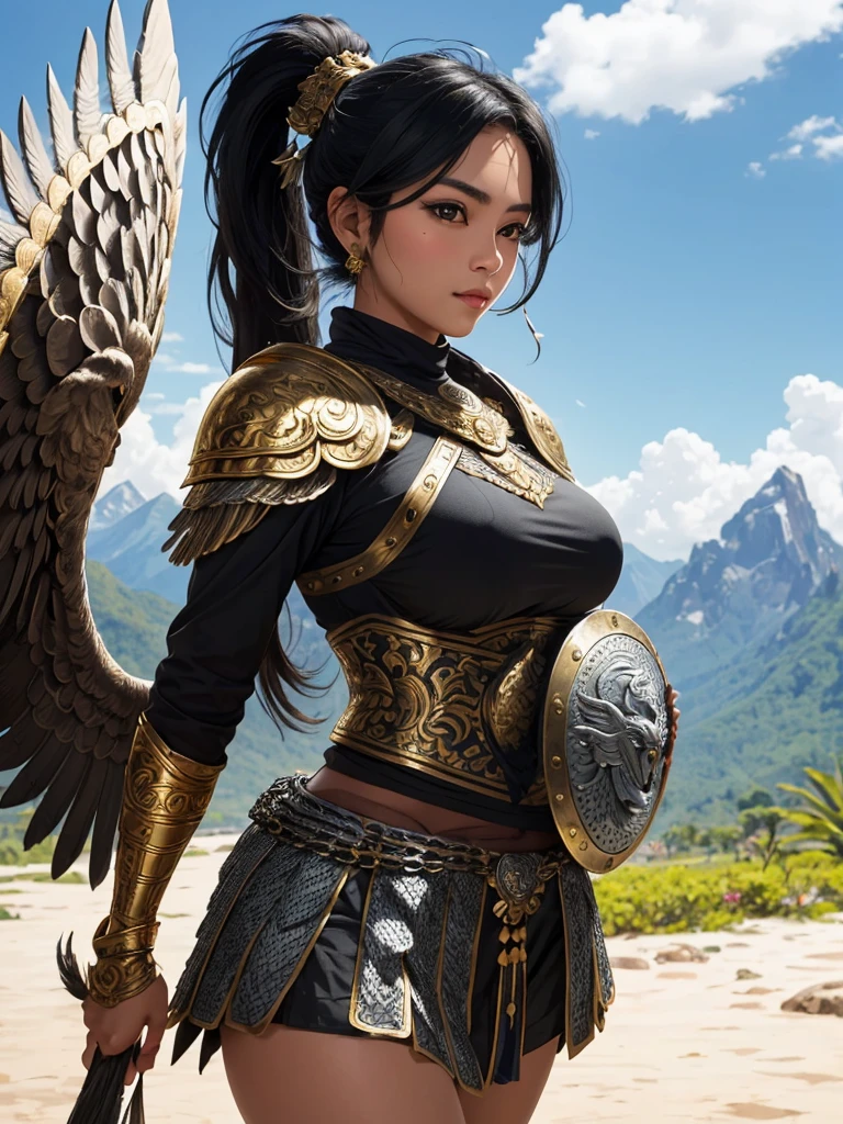 pretty young woman, thick black hair in ponytail, chainmail armor, large breast, carrying large silver and gold shield, emblem of garuda mythological bird, background tropical rural scene, mountains, masterpiece