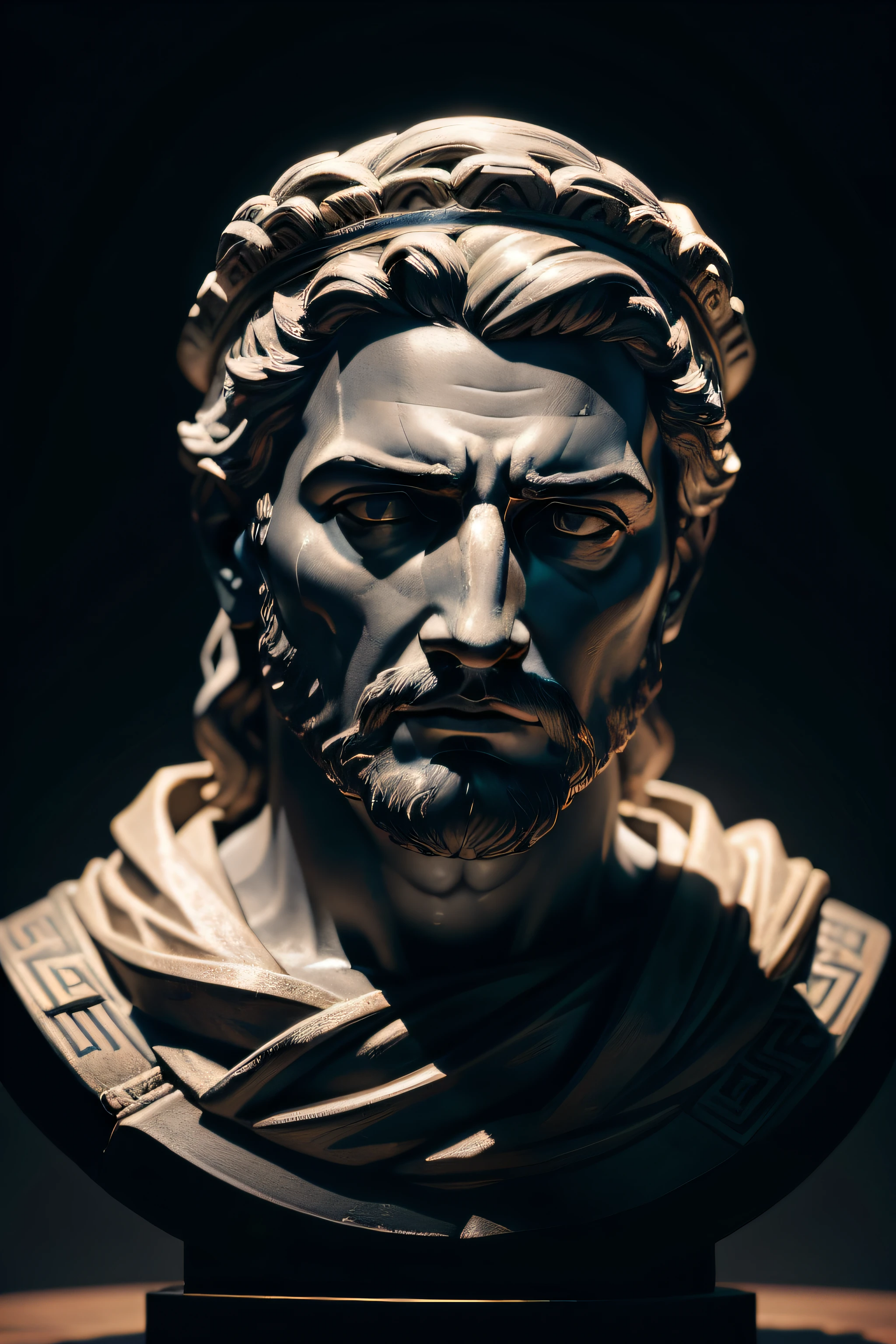 Stoic Greek bust, 8K, Dark cinematic background