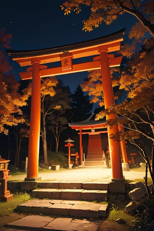 There is a small shrine in the middle of the forest at night, Mysterious temple setting, this shrine附近, torii in the background, in the forest at night, Torii gate with trees on the mountain, Quiet forest night scene, this shrine, Inspired by Dongyang, Selangor, Evil spirits roam with lanterns