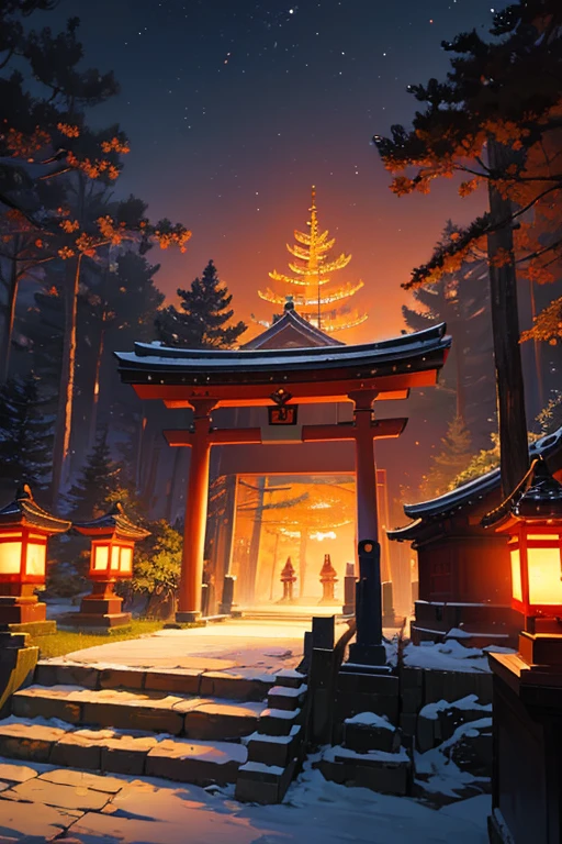 There is a small shrine in the middle of the forest at night, Mysterious temple setting, this shrine附近, torii in the background, in the forest at night, Torii gate with trees on the mountain, Quiet forest night scene, this shrine, Inspired by Dongyang, Selangor, Evil spirits roam with lanterns