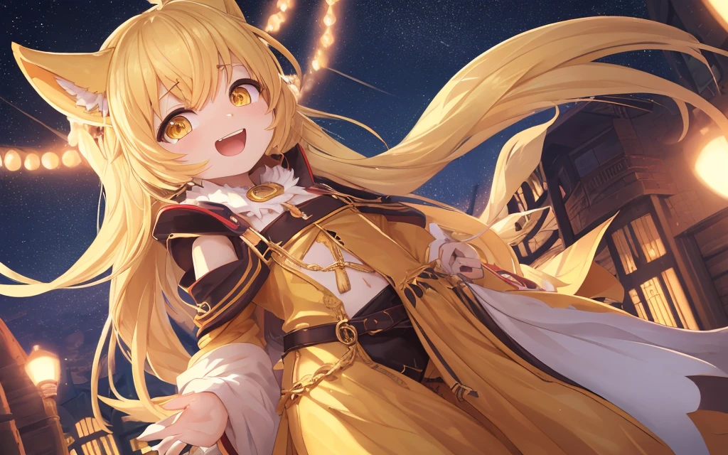 girl, Flowing blonde hair, yellow-eyed, golden royal outfit, décolleté, Japanese cartoon, The background is a clear sky and twinkling lights, dynamic angle, arrogant laughter