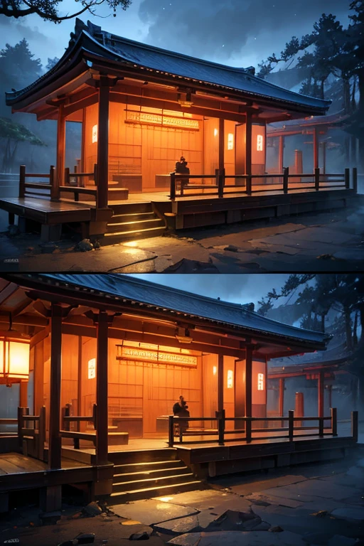 (best quality,4k,8k,highres,masterpiece:1.2),ultra-detailed,(realistic,photorealistic,photo-realistic:1.37),silent and mysterious forest at night, small shrine in the center, intricate details of the shrine, torii gate in the background, tranquil forest night scene, the shrine is inspired by Toyokawa, Selangor, mischievous spirits wandering with lanterns, traditional Japanese architecture, serene moonlit atmosphere, tall trees surrounding the shrine, mystical ambiance.