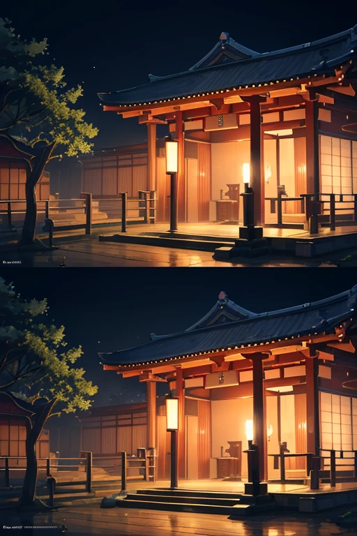 (best quality,4k,8k,highres,masterpiece:1.2),ultra-detailed,(realistic,photorealistic,photo-realistic:1.37),silent and mysterious forest at night, small shrine in the center, intricate details of the shrine, torii gate in the background, tranquil forest night scene, the shrine is inspired by Toyokawa, Selangor, mischievous spirits wandering with lanterns, traditional Japanese architecture, serene moonlit atmosphere, tall trees surrounding the shrine, mystical ambiance.