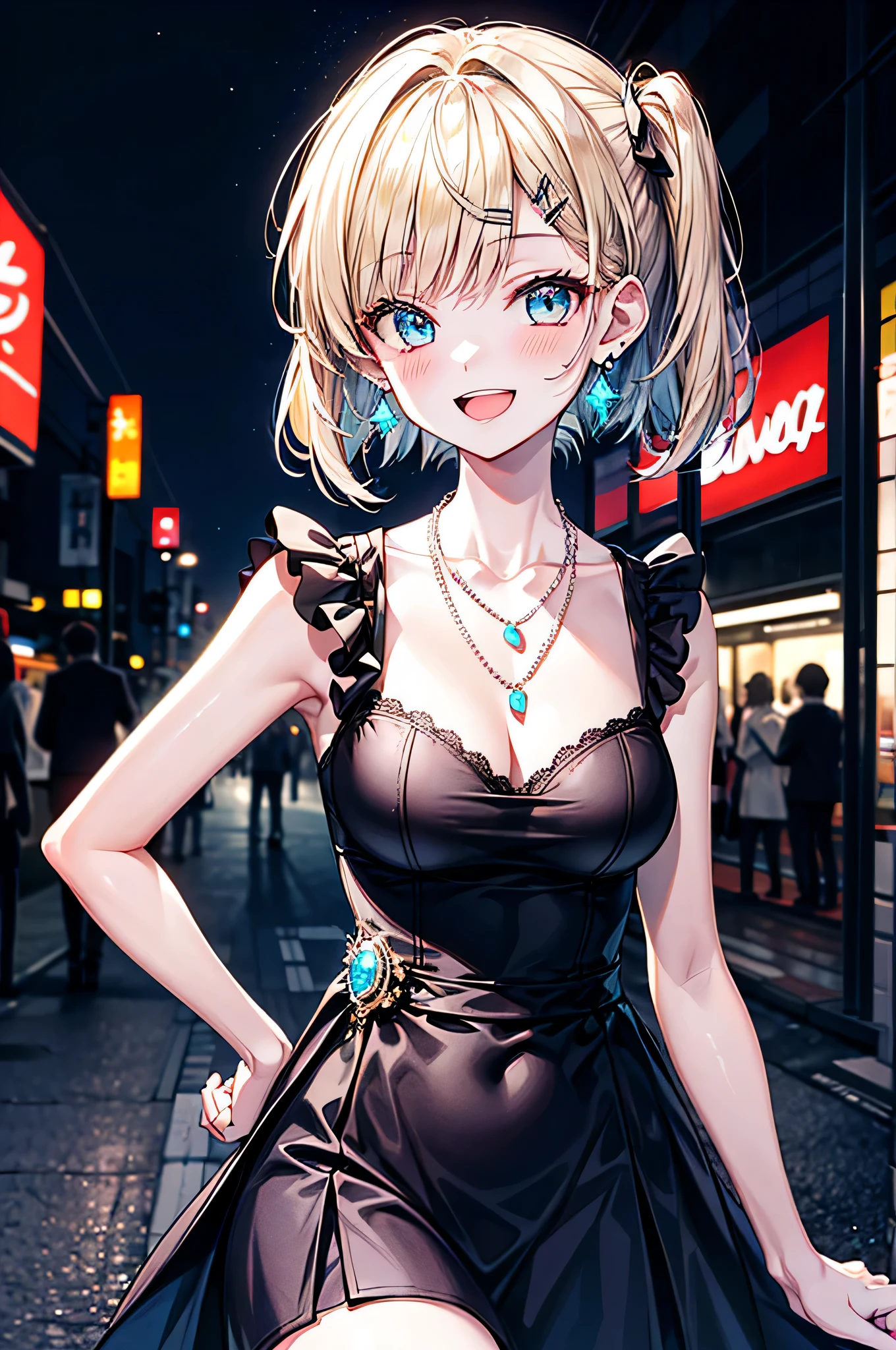 absurderes, (独奏:1.5,)ultra-detailliert,bright colour, extremely beautiful detailed anime face and eyes, view straight on, ;D, shiny_skin,25 years old, Happy smiling face、Short hair, , asymmetrical bangs, Blonde hair with short twin tails, Shiny hair, boobs boobs delicate beautiful face, red blush、(Blue eyes), White skin, hair clips, earrings, a necklace, 、Black and yellow dress、(Tokyo at night)、(Lots of neon),Full body,Full body,