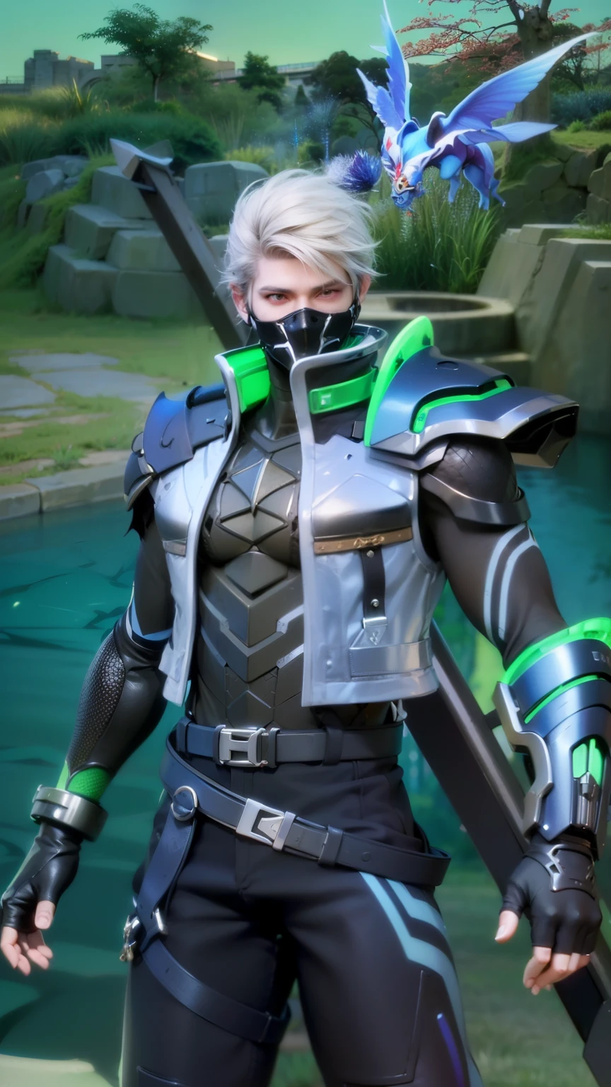 masculine male, masterpiece, ((perfect eyeest quality, (semirealism:1.9), beautiful lighting, (extremely detailed CG unity 4k fhd wallpaper), High Detail, Sharp focus, dramatic outdoors, 1 boy ,19 years old, black hair, light purpel eyes, smile, Attractive profile picture, masterpiece, ultra-precise rendering, beautiful and cool young man, trustworthy, dependable young man, savior of the world, design, most beautiful image, 4K, light green eyes, the color of the clothes is the same as the original, demon ninja, demon armor.