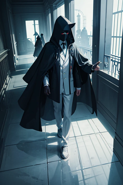 Image of a man standing in a dark room with lights on, Strange people物剪影, Strange people, Surreal hooded character, faceless people dark, Artyom Demoura Swimming Pool, Masked man walking, Dark and weird characters, figure wearing dark cloak, in dim corridor, in dark corridor, dark and eerie photos, dark illustration