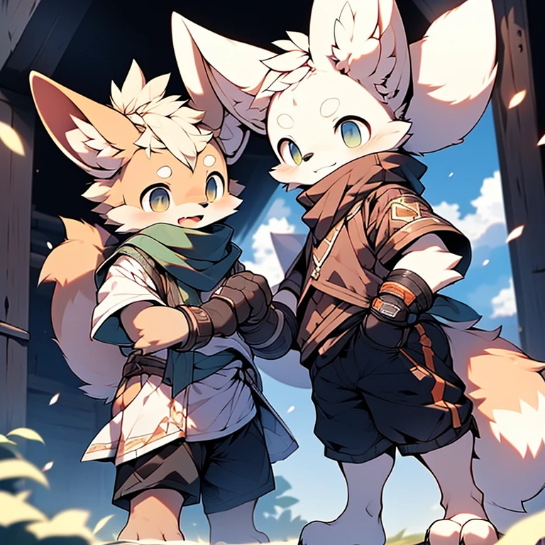 boy,Fennec fox ,short ponvtail,Dwarf,Wearing a black scarf,Wear sports gloves,Wear white short sleeves and black shorts,systemic,Young,adolable,Vigilant,The is standing,Sideways,Head slightly sideways
