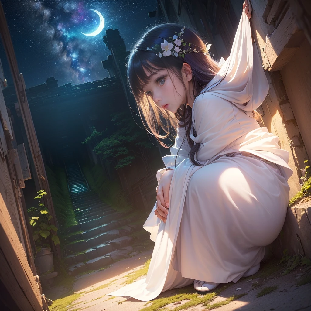 (((​masterpiece、top-quality))), (((top-quality))), (((Ultra-fine))), (a very delicate and beautiful)), sparkling girl, Cinematic light, (((A gradation that blends night and morning))), milkyway, (road leading to the sea)), ruins, dripping ivy, 夏天, White moon