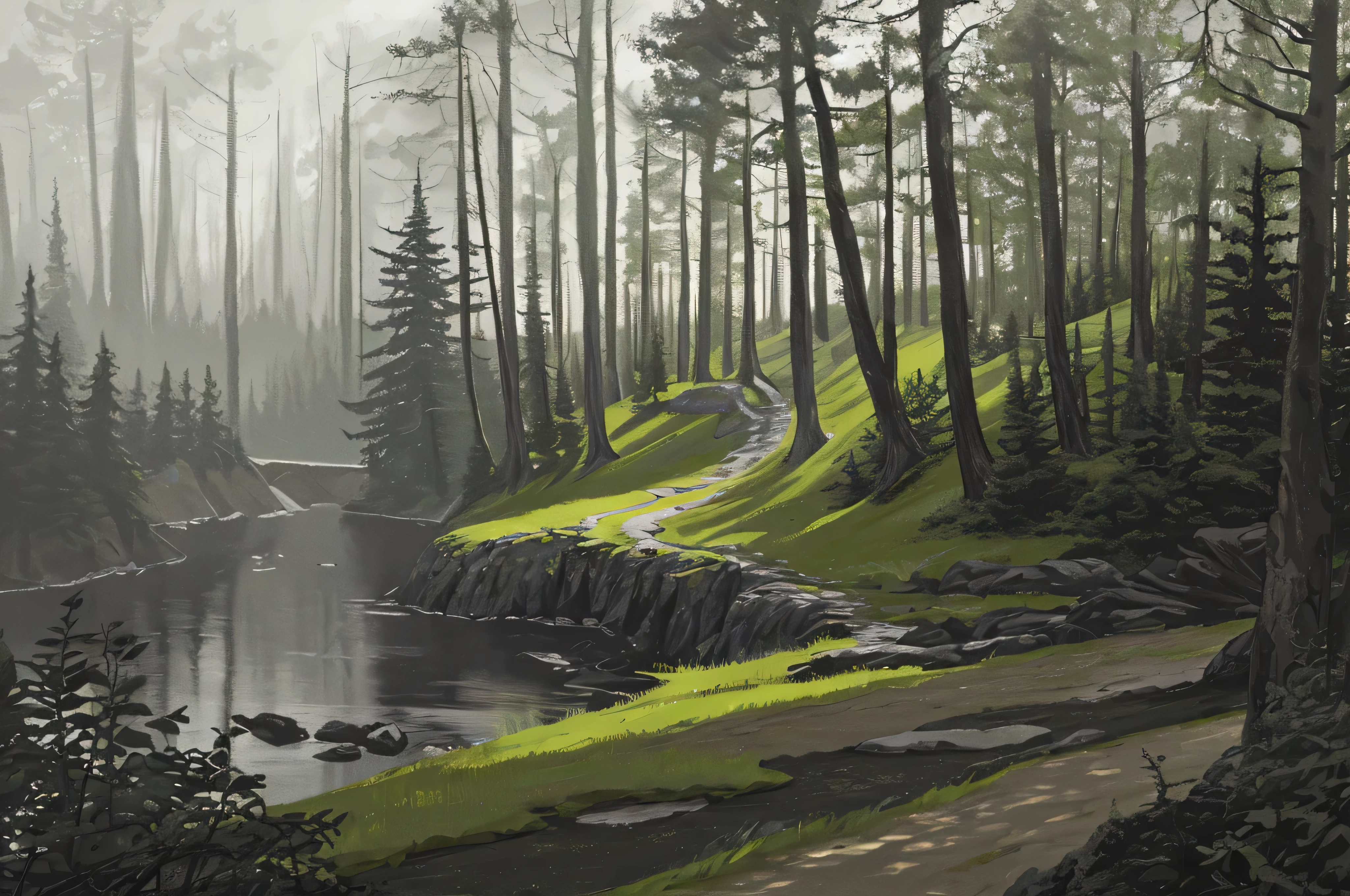 Landscape, in forrest, view from the cliff, forrests everywhere, dark tones