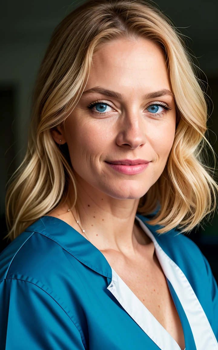 Old blond nurse woman wearing nurse uniform , very detailed, 40 years old, innocent face, blond long hair, blue eyes,wrinkles,high resolution, masterpiece, best quality, intricate details, highly detailed, sharp focus, detailed skin, realistic skin texture, texture, detailed eyes, professional, 4k, charming smile, shot on Canon, 85mm, shallow depth of field, kodak vision color, fit body, extremely detailed, foto_\(ultra\), photorealistic, realistic, post-processing, maximum detail, roughness, real life, ultra realistic, photorealism, photography, 8k uhd, photography