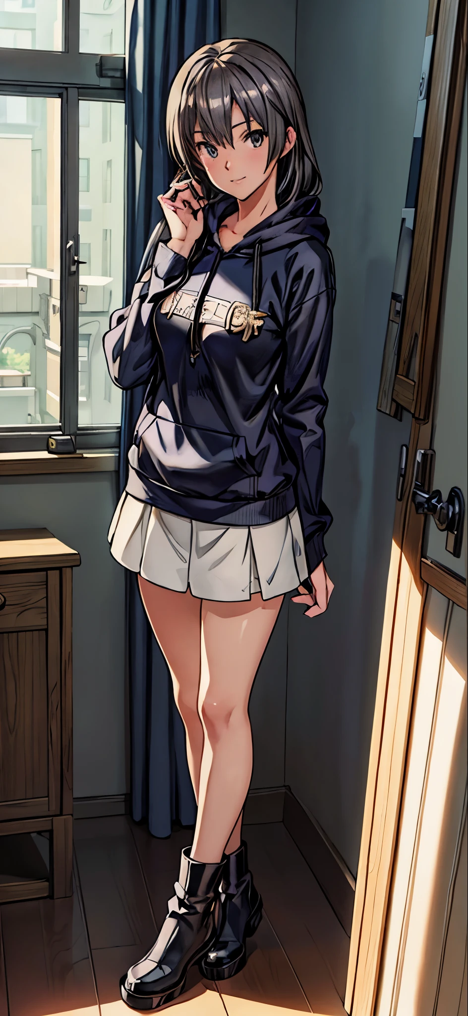 (Best Quality,4K,8K,hight resolution,masutepiece:1.2), Ultra-detailed, (Realistic,photoRealistic,photo-Realistic:1.37), Full body like,Dark Beautiful Girl, Smirk,((Gray hair color)),((Long hair)), ((Hair above the left eye)),((Larger hoodie)),skirt by the,Black spats, espadrilles,Beautiful detailed eyes, Beautiful detailed lips, extremely detailed eye and face, long eyelashes, Realistic anime 3D style, Smooth Anime CG Art, Digital rendering by Makoto Shinkai, Moe Anime Art Style, photoRealistic rendering of an anime girl, Shinkai Makoto style, Cute anime girl visuals, Realistic young anime girl, girl fan art, Created by Anime Artist&#39;studio of.