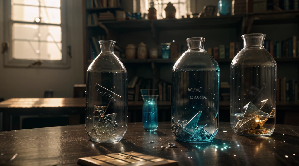 a thin edging crystal, the apocalypse, a cute and charming creature in a glass jar on the table, inside a magic laboratory, many small details, bookshelves with dust-covered books, a magic formula on the floor of neon glow, spilled magic sand, view away from the table, hyper realistic, hyper detailed, ray-tracing, realistic lighting
