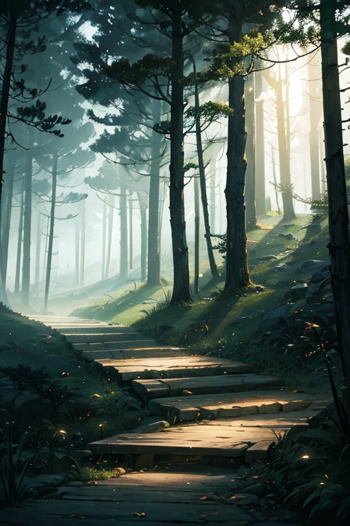 满月下黑暗森林中的费德wood bridges, Horror environment, dark night environment, In the middle of the dark forest, Night in the woods, in the forest at night, creepy backgrounds, anime scene, Background with ( Dark _ Smoke smell ), creepy forest, in the forest at night, dark fantasy environment, Quiet forest night scene, wood bridges