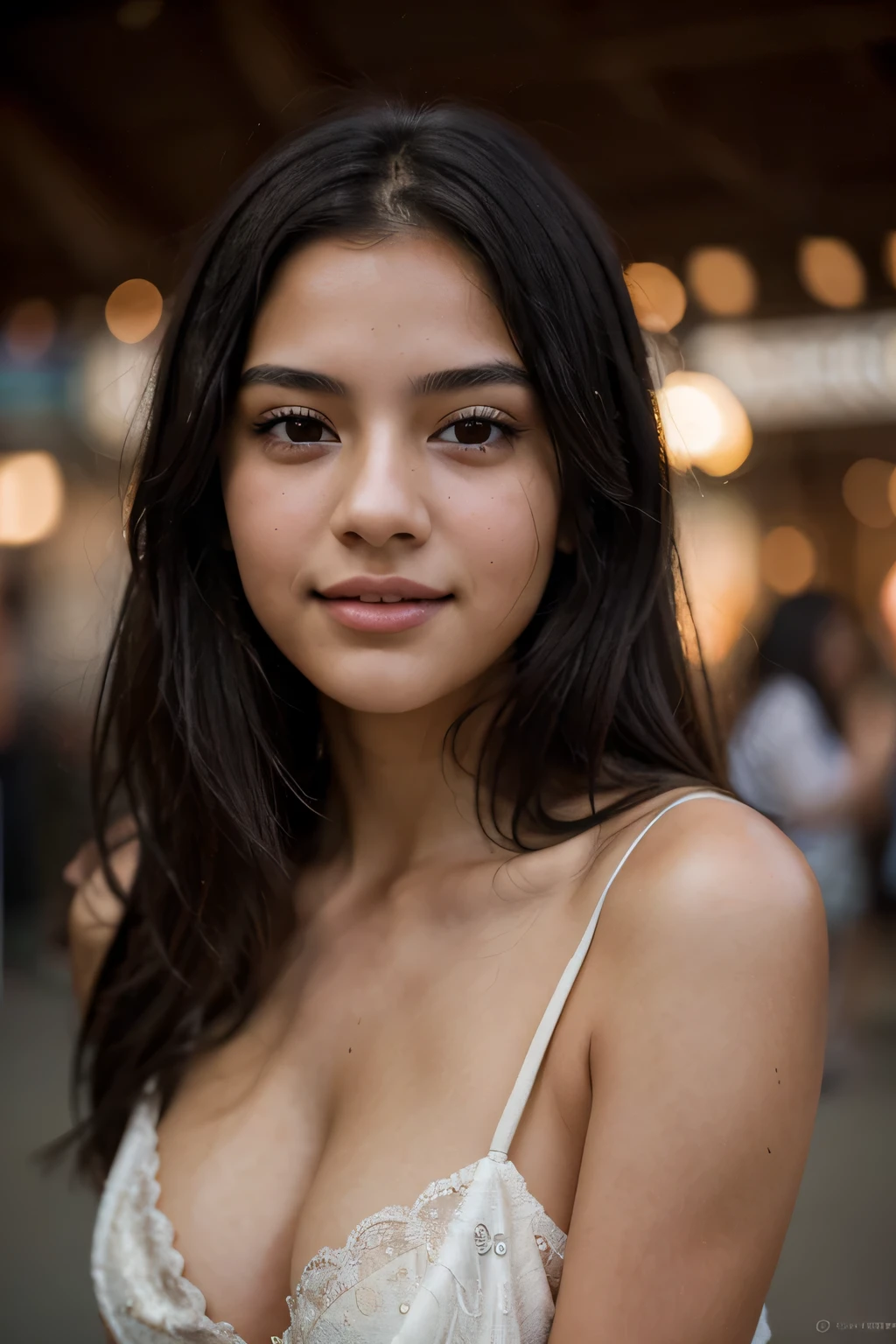 Breathtaking cinematic photo of a 18 year old girl with black hair and brown eyes, happy, cheerful expression, closed mouth, beautiful lips, intricate details, shallow depth of field, highly detailed, high budget, fair, gorgeous, masterpiece, highly detailed, mid shot, taken by professional camera,