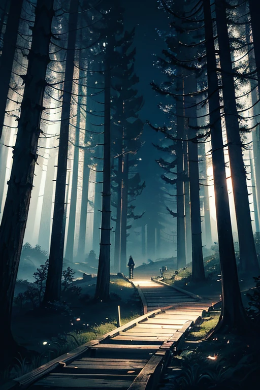 In the dark forest under the full moon, a feeble wooden bridge, horror setting, pitch-black night environment, in the heart of the dark forest, night in the woods, chilling background, anime scenario, background with (dark _ smoky) atmosphere, eerie forest, night in the woods, dark fantasy setting, serene forest night scene, wooden bridge