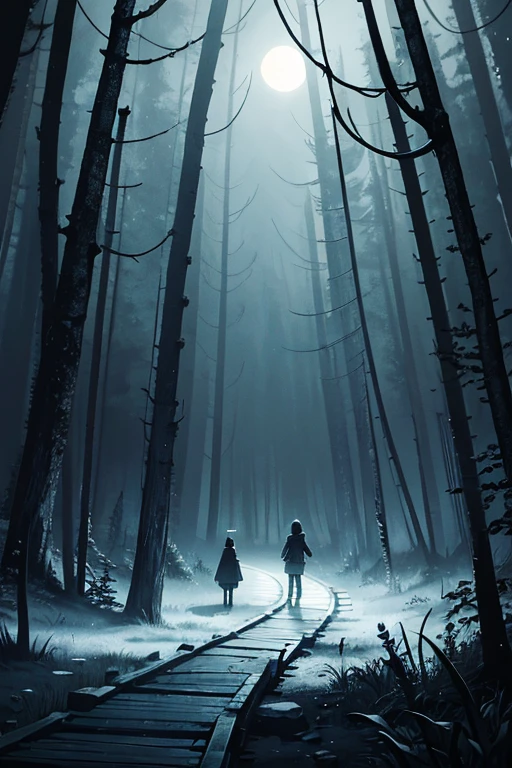 In the dark forest under the full moon, a feeble wooden bridge, horror setting, pitch-black night environment, in the heart of the dark forest, night in the woods, chilling background, anime scenario, background with (dark _ smoky) atmosphere, eerie forest, night in the woods, dark fantasy setting, serene forest night scene, wooden bridge