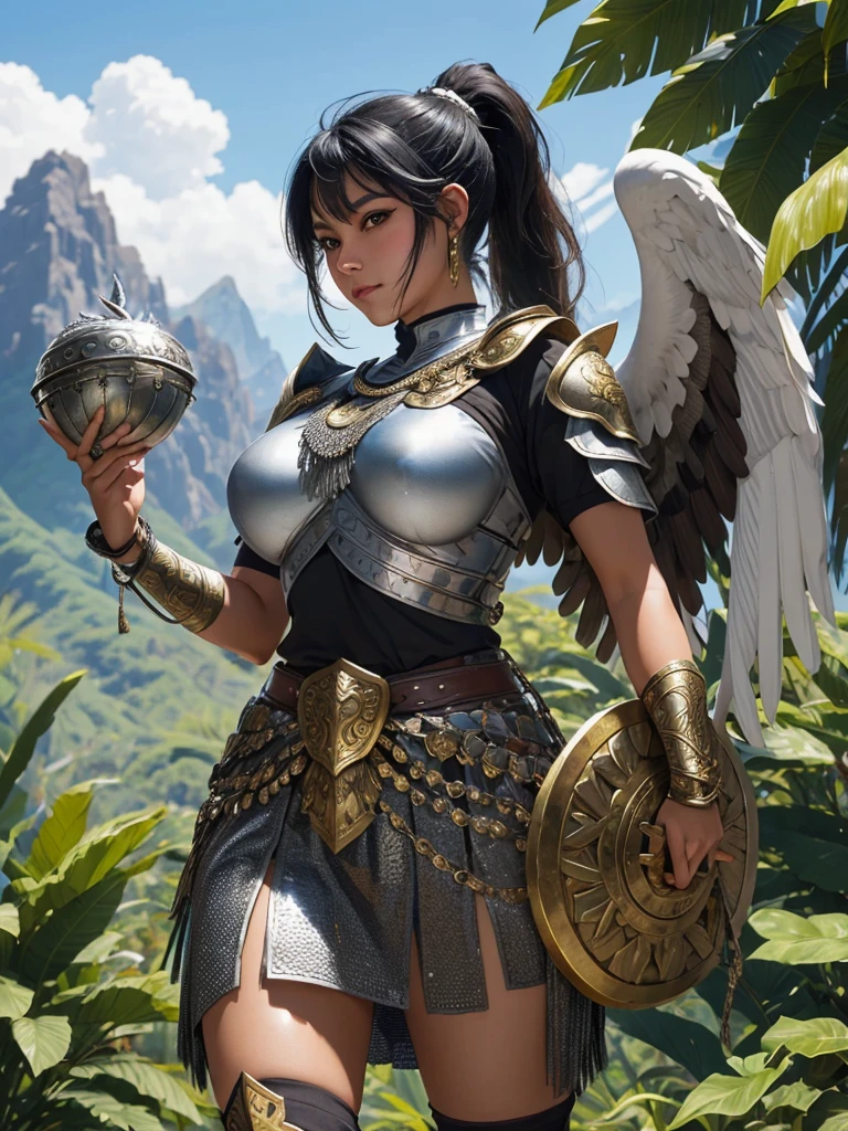 pretty 1 young woman, solo, thick black hair in ponytail, chainmail armor, breast, carrying large silver and gold shield, breasts are visible, emblem of garuda mythological bird, background tropical rural scene, mountains, masterpiece