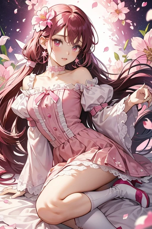 Tsubomi has maroon eyes and long, curled hair originally worn into a low ponytail with her bangs evenly spread to frame her face. She gains a hot pink choker and pink flower earrings. Her white mini-dress has bell flower sleeves and hot pink lining, a band of light pink going down each side of the chest to accent the petals of her skirt. On each hip is a pale pink flower, and on the chest is a hot pink ribbon with a silver and cyan heart brooch in the center. Her wrist accessories accent her skirt, and she gains white below the knee boots with light and hot pink detail and a flower on the side of the foot.