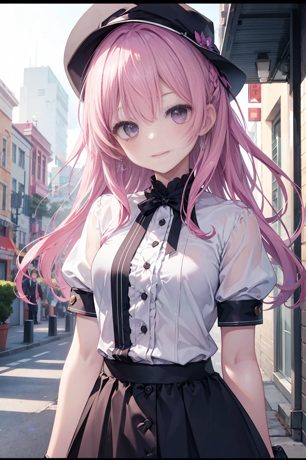 Purple eye,167cm height,55cm bust,RAW photogr, Camera gaze, ((quality, 8K, tmasterpiece: 1.3)), Focus sharp: 1.2, White transparent shirt, nifty features, The best smile, adorable smile, Beautiful Woman with Perfect Style: 1.4, Slim abs: 1.2, mitsukasa ayase,Purple eye,Pink medium long hair, Smaller,, (natural soft light, the city street: 1.1), Highly Detailed Face and Skin Textur, 詳細な目,