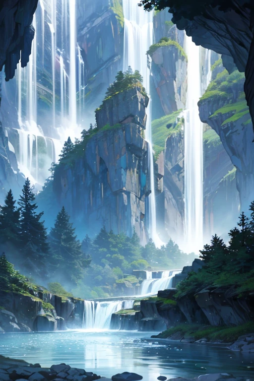 There is a waterfall flowing down from the mountain, Waterfalls in the asteroid belt, waterfall in background, (waterfall man), The power of water makes water spin, Alien Falls, Waterfalls cascade down, waterfall man, waterfall in background, bioluminescent waterfall, spirits coming out of portal, anime screenshot, waterfall below, anime scene, Close-up of magical water gate