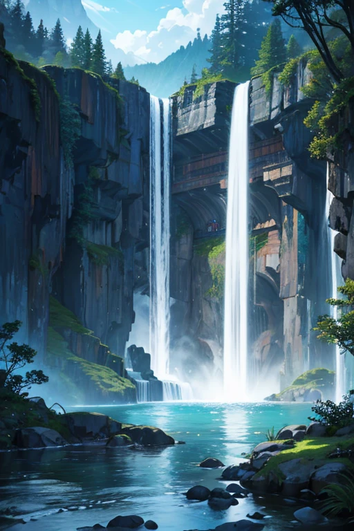 There is a waterfall flowing down from the mountain, Waterfalls in the asteroid belt, waterfall in background, (waterfall man), The power of water makes water spin, Alien Falls, Waterfalls cascade down, waterfall man, waterfall in background, bioluminescent waterfall, spirits coming out of portal, anime screenshot, waterfall below, anime scene, Close-up of magical water gate