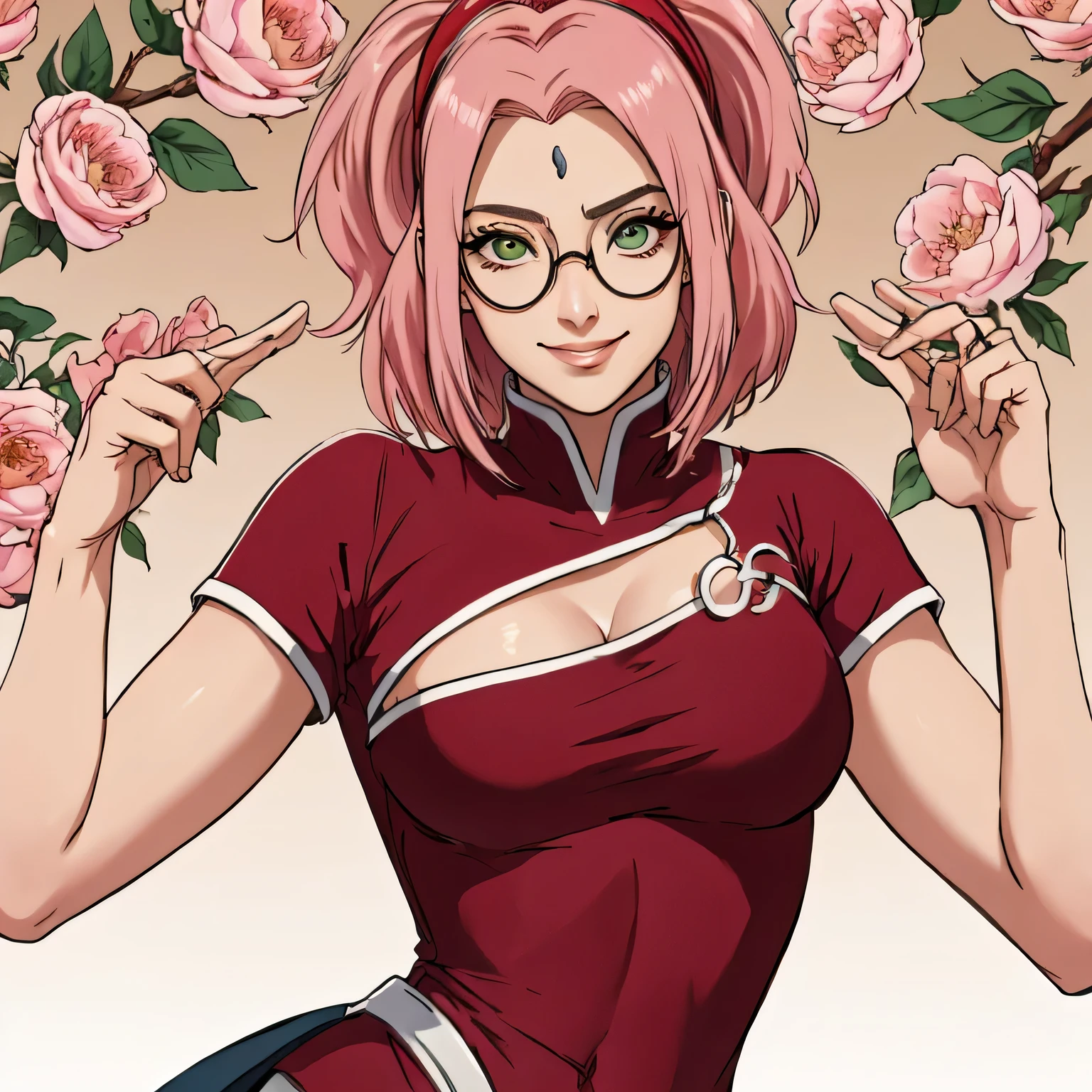 Obra maestra， La mejor calidad en el mejor de los casos， Sakura Haruno， senos grandes，is shy，They are smiling，con cabello rosado， Pelo largo blanquecino， （Globos oculares verdes:1.4),, Mirando al espectador, Hermosos ojos, sexy seductive They are smiling, belleza sensual, diosa, Marca de la frente,desnudo, Nipple detail,perfect nipple,glasses