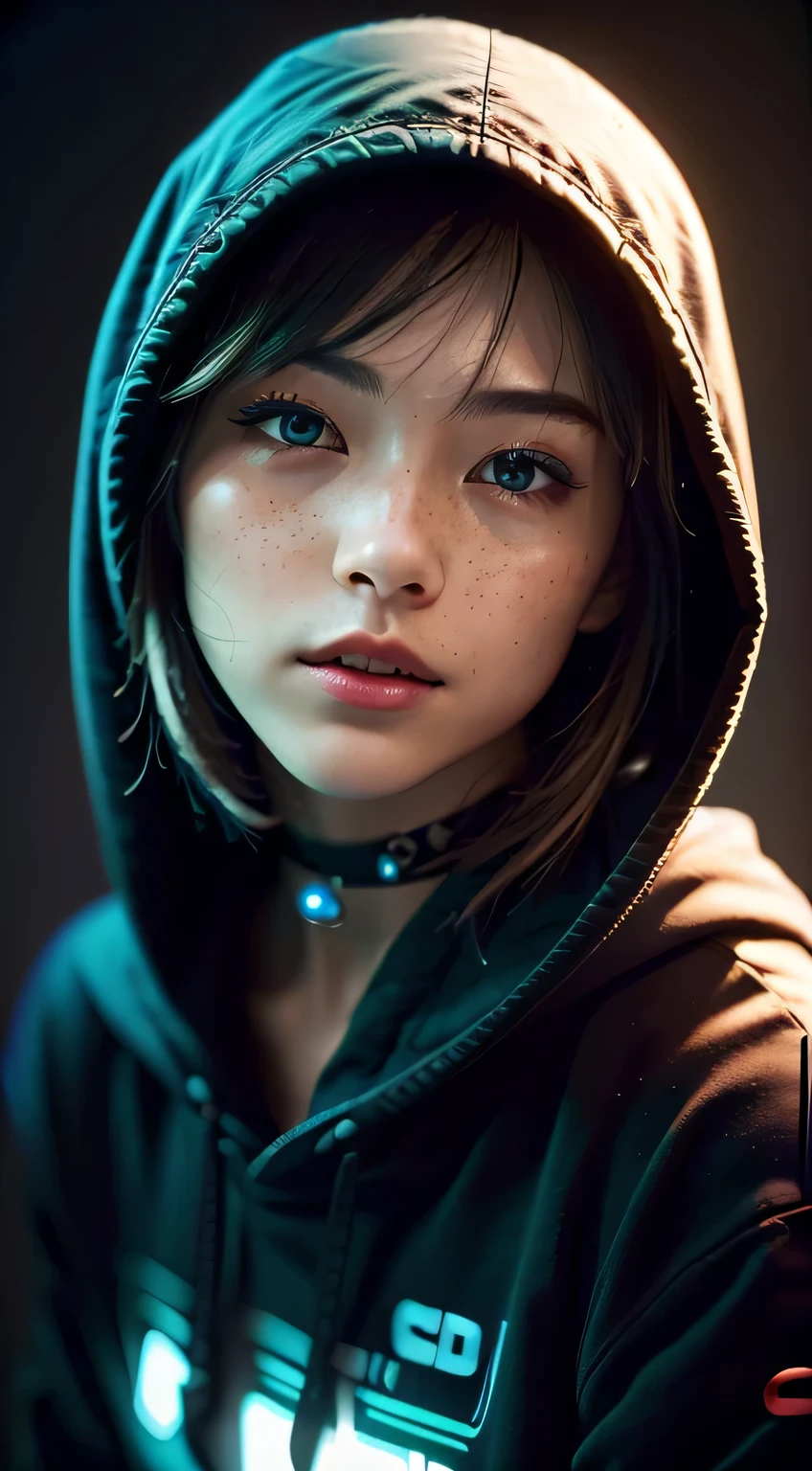 Raw photography、25-year-old girl、Blue Hoodie、(1girl in)、(realisitic)、(Photorealsitic:1.5)、Lipstick Freckles、Multicolor Hair、a choker、(Raw photography、8K UHD、film grains)、Sharp eyeliner、Her thick eyelashes and cheek eyeshadow are very delicate and beautiful.、8K、(Soft lighting)、hightquality、hight resolution、foco nítido、ighly detailed、during the day、(sunlight on face)、美しく詳細な目ighly detailedな目と顔、masterpiece、(lighting like a movie)、(high-detail skin:1.2)、8K UHD、Digital SLR、Soft lighting、hightquality、film grains、masterpiece, 最hightquality, hightquality, hight resolution、Blue-Red-Green-Yellow backlight