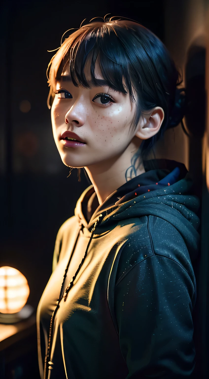 Raw photography、25-year-old girl、Blue Hoodie、(1girl in)、(realisitic)、(Photorealsitic:1.5)、Lipstick Freckles、Multicolor Hair、a choker、(Raw photography、8K UHD、film grains)、Sharp eyeliner、Her thick eyelashes and cheek eyeshadow are very delicate and beautiful.、8K、(Soft lighting)、hightquality、hight resolution、foco nítido、ighly detailed、during the day、(sunlight on face)、美しく詳細な目ighly detailedな目と顔、masterpiece、(lighting like a movie)、(high-detail skin:1.2)、8K UHD、Digital SLR、Soft lighting、hightquality、film grains、masterpiece, 最hightquality, hightquality, hight resolution、Blue-Red-Green-Yellow backlight