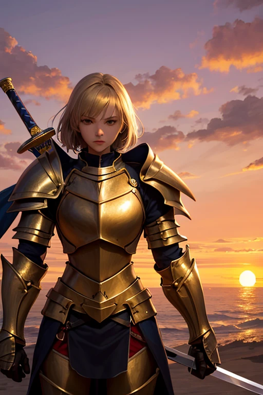 Girl,muscular_girl,pretty_girl,armor,gold_armor,knight,female_knight,strong_knight,edge,edge_of_the_world,sunset,sword,saber
