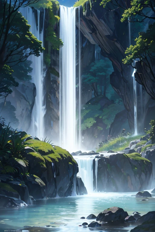 (best quality,4k,8k,highres,masterpiece:1.2),ultra-detailed,(realistic,photorealistic,photo-realistic:1.37),waterfall flowing down from the mountain, waterfalls in the background, waterfalls surrounded by asteroid belts, (waterfall person), the power of water creates swirling motion, alien waterfall, cascading waterfall, waterfall person in the foreground, waterfalls in the background, bioluminescent waterfall, souls emerging from a portal, anime screenshot, waterfalls below, anime scenery, magical water gate close-up