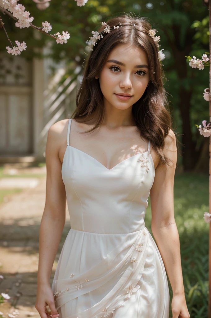 woman in a stunning white dress adorned with delicate blossoms and feathers, touch of elegant look, posing in natural surroundings, serene and captivating atmosphere, flawless makeup and hairstyle, masterpiece, photo-realistic, super detail, innocent face, light smile, pink lips, full body shot, depth of field, cinematic lighting