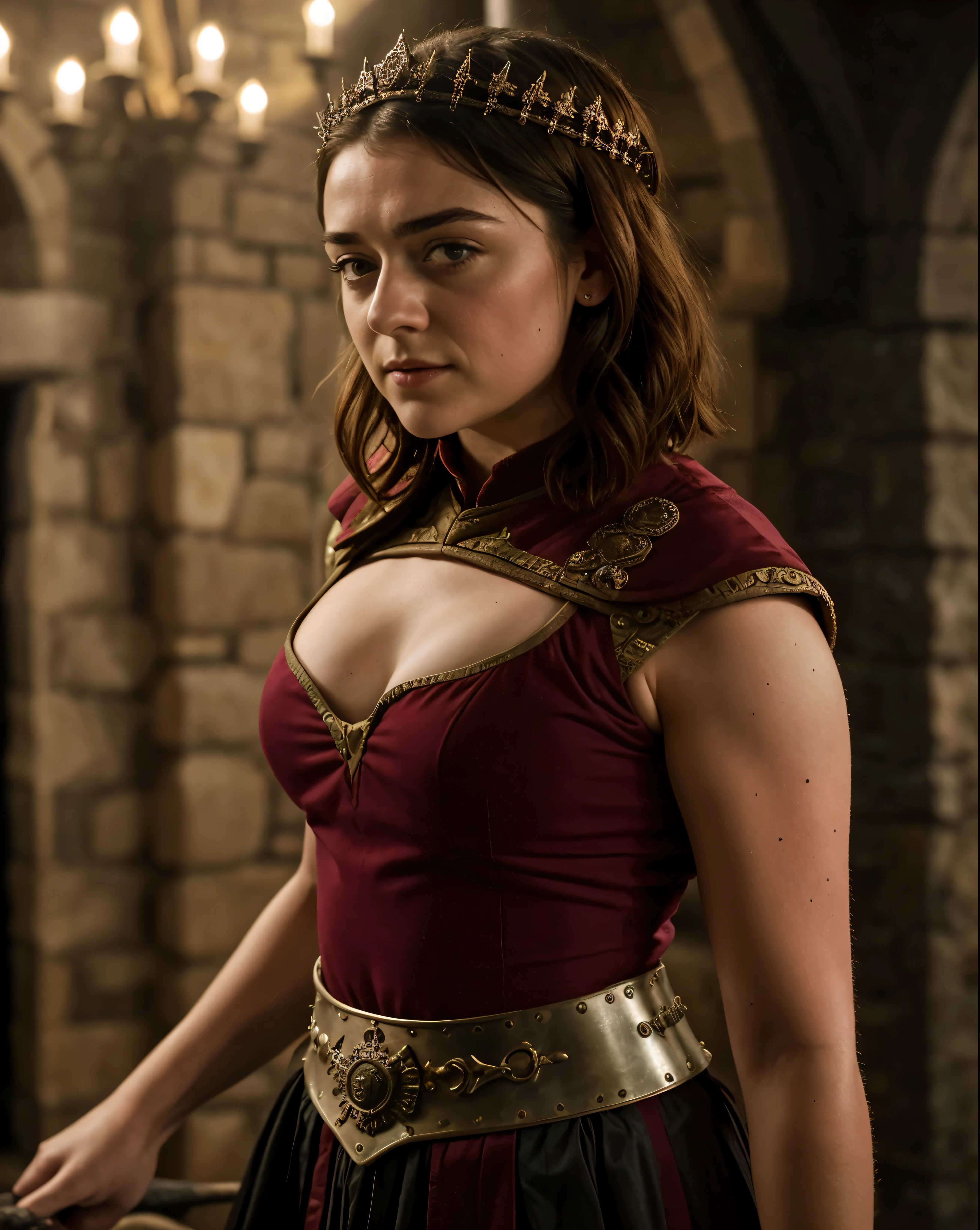 Foto RAW, RAW photograph of Maisie Williams, Arya Stark, mediaeval world cinematic background, Extremely gorgeous lady, Arya Stark PLAYED BY MAISIE WILLIAMS, Queen Arya Stark, she a mature woman now, milf, sexy mediaeval battle dress, gladiator woman, body, 40 years old Woman, body revealing costumes, perky breast, skin pores, big natural breast, erotic costumes, lusty physique, seductive figure can capture every people's attention, Game of thrones costumes, revealing captivating figure, Mediaeval costumes, revealing clothes, A tomboy, she would rather fence than dance, warrior queen , game of thrones screen caps, Game of Thrones Series, (pele altamente detalhada: 1.2), 8k UHD, DSLR, soft-lighting, alta qualidade, grain of film, Fujifilm XT3, flawless picture, highly detailed, detailed Beauty, intricate, 32k, sharp picture,