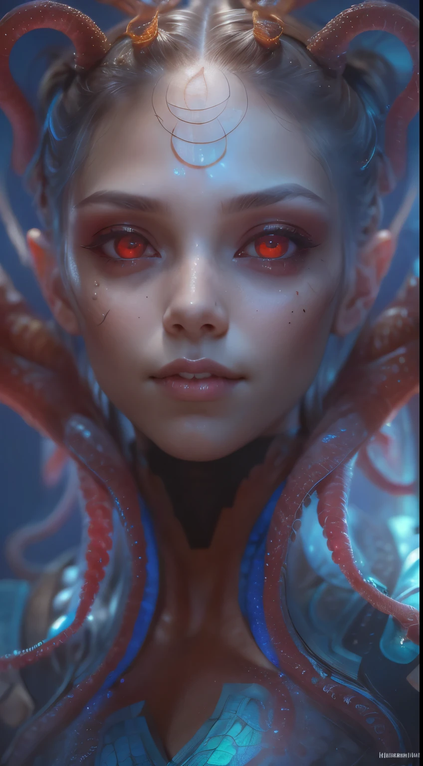 Portrait, (beautiful female alien:1.2),  (she has red eyes with no pupils:1.8), (Translucent skin:1.7),  (There is a female genital-like organ in the middle of the forehead:1.9), (The most beautiful face in the history of the universe:1.2),an evil gaze that seduces, (large mouth:1.1), (sharp teeth like a vampire:1.2), Full body like, (bio luminescent:1.5), (Smile wickedly:1.3),  (sexypose:1.5), alien, No humans, cells are fused, (Lots of translucent tentacles:1.3) extraterrestrial, cell, bio image, Best Quality, 8K,4K_quality, High Definition, Dramatic Lighting, masutepiece:1.5,cinematic quality, detail up, (Intricate details:1.2), High resolution, High Definition, drawing faithfully, (Thick eyebrows:1.2), Beautiful eyes with fine symmetry,(Highly detailed face and eyes:1.2), Intimate face, (Super detailed skin quality feeling:1.4), Perfect Anatomy,  (Beautiful toned body:1.5),  (Moist skin:1.2), No makeup, (dark circles:1.1), long canines, cinematic drawing of characters, ultra high quality model, cinematic quality, detail up, (Intricate details:1.2), High resolution, High Definition, drawing faithfully, Official art, Unity 8K wall  , 8K Portrait, Best Quality, Very High resolution, ultra detailed artistic photography, midnight aura,  unreal enginee 5, Ultra Sharp Focus, art by alberto seveso, ArtGerm, Roisch, intricate artwork, best quality, masutepiece, ultra High resolution, (photos realistic:1.4), Ultra-realistic realism, dream-like,  nautilus, Creation of fantasy, Snail, Dream Snail,  biopunk nautilus, Thrilling color schemes， Ultra-realistic realism， seductively smiling, Blue tentacles,