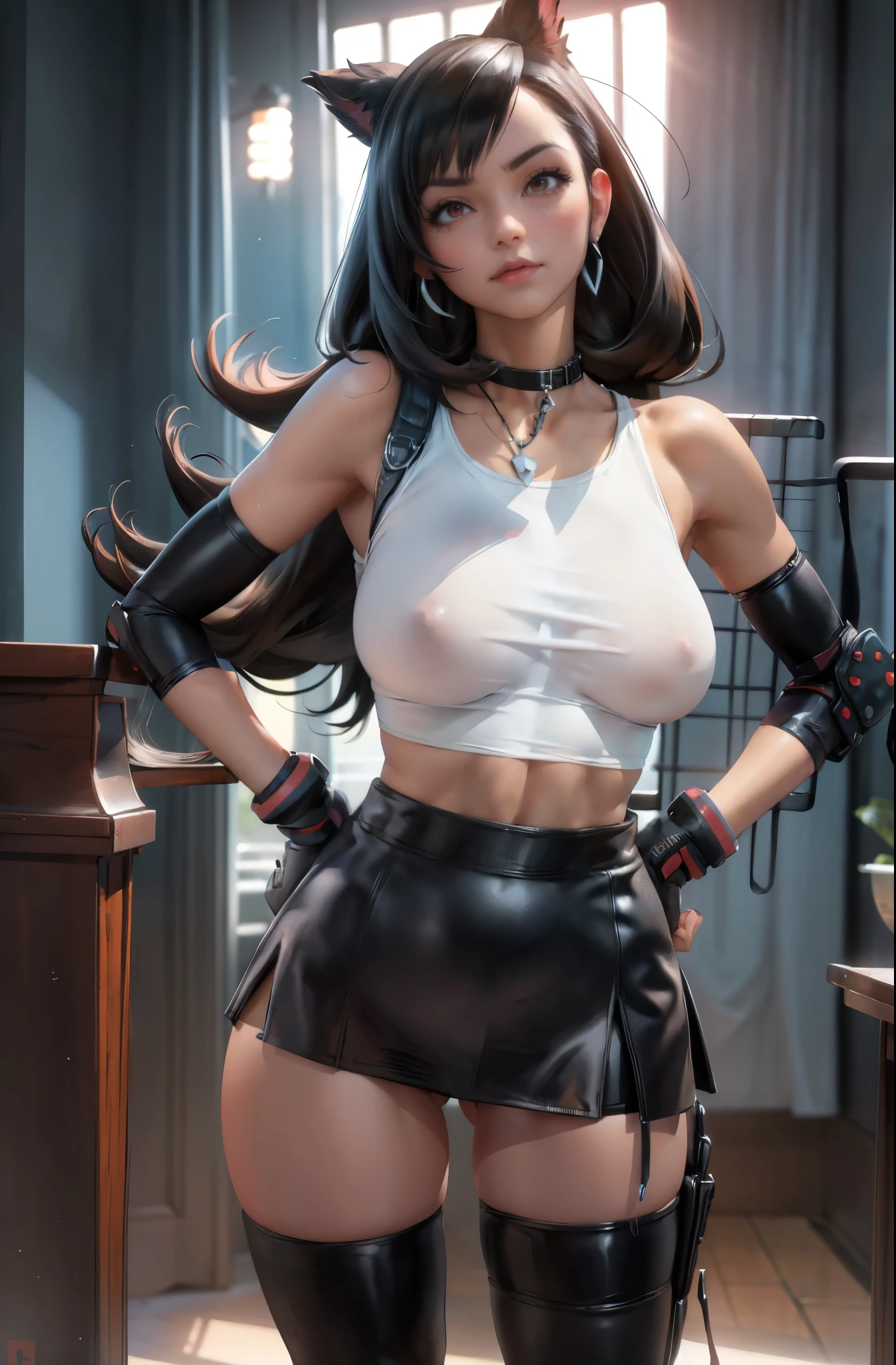 (8k, best quality, masterpiece:1.2), (realistic, photo-realistic), ultra-detailed, 1 girl,cute, solo, (tifa lockhart), (large breasts), neon lights, cityscape, depth of field, sharp focus, single elbow pad, ankle boots, black hair, black thighhighs, red boots, elbow gloves, elbow pads, fingerless gloves, taut shirt, sports bra, (black skirt), thighhighs, white tank top, full body, pretty face, long hair, ((red_eyeokeh, cinematic lighting, (Tetsuya Nomura style), nsfw, perfect breasts (standing, hands on hips:1.3)