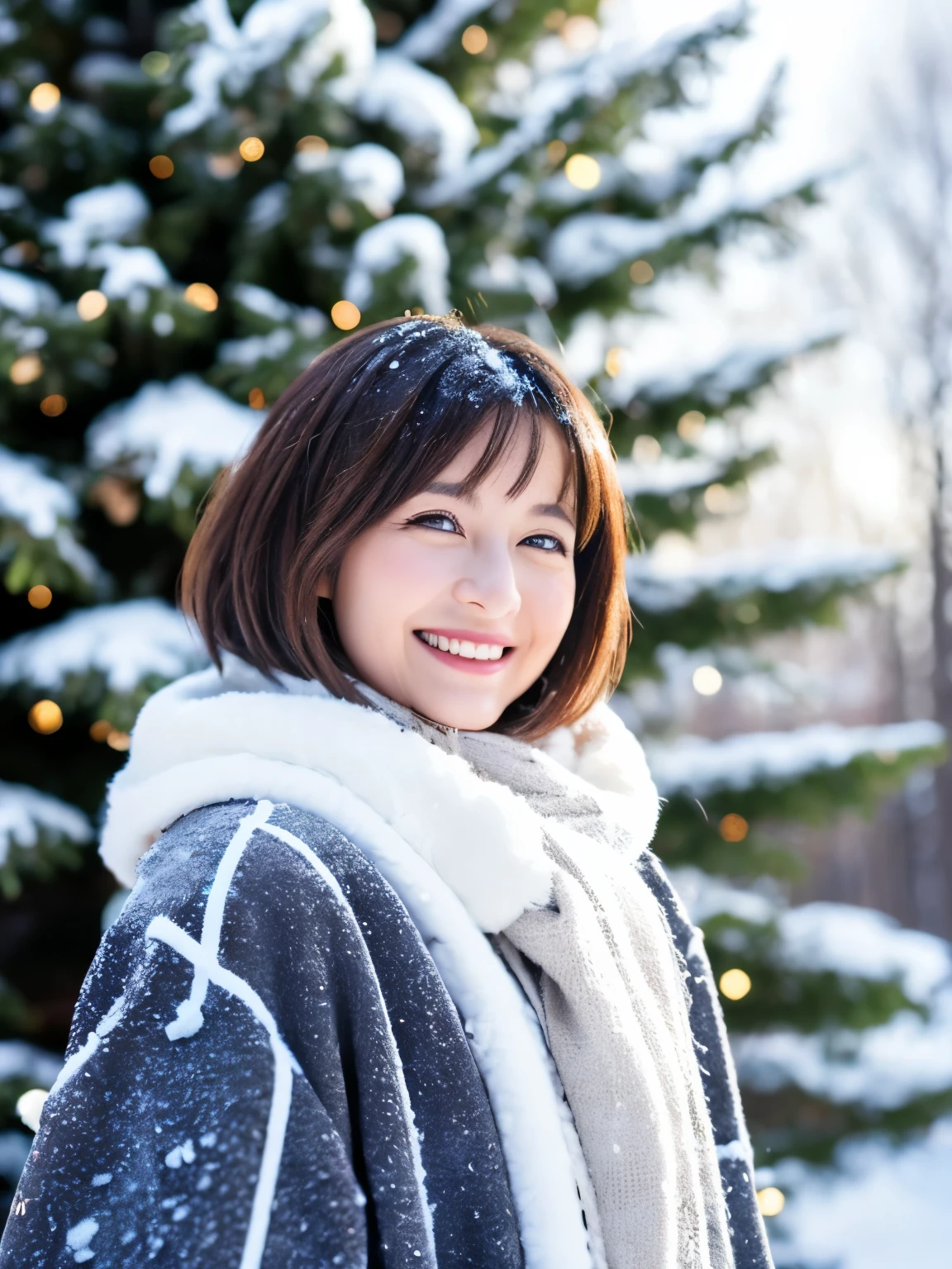 (best quality,realistic:1.37),ultra-detailed,45 years old woman,short black hair,slightly overweight European,dressed in a white real fur coat,standing in front of a snow-covered fir tree,posing for a photo,hyperrealism,close-up,portraits,winter scenery,airy and bright,soft natural lighting,subtle snowflakes,shimmering in the sunlight,frosty breath,vivid colors,happy smile,sparkling blue eyes