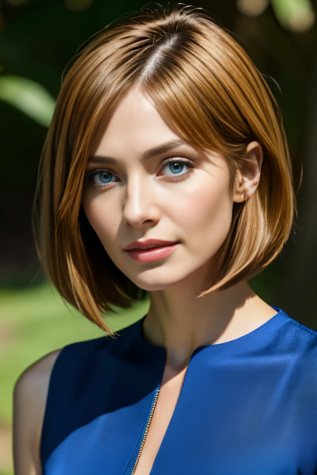 masutepiece, Best Quality, Photorealsitic, Ultra-detailed, finely detail, hight resolution, in 8K, bionde, One 30-year-old woman, stylish bob haircut, perfect hand, perfect fingers, A detailed face, detailed lips, Detailed nose, detailed skin textures, see-through blue dress,