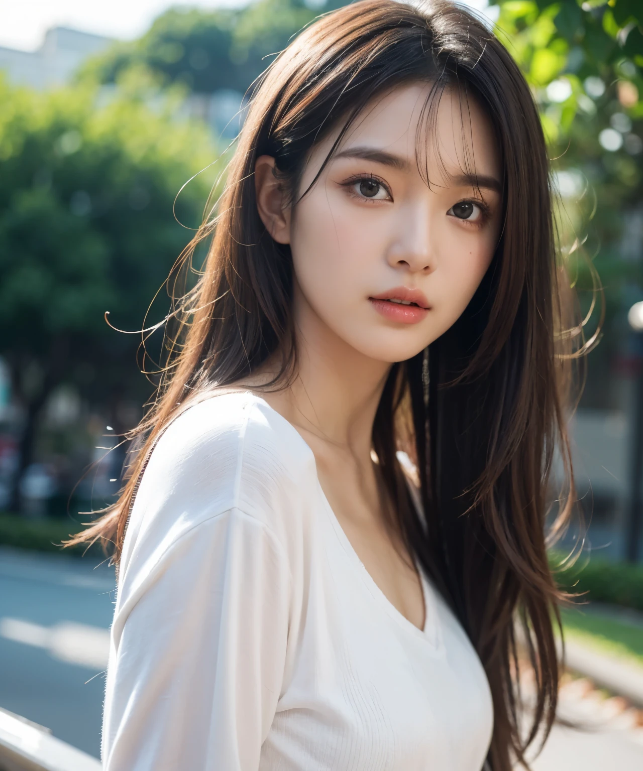 upperbody shot、front-facing view、a Japanese young pretty woman、Gentle face、hyper cute face、shiny lips、Double eyelids in both eyes、Natural Makeup, long eyeslashes、back light, bob hair shiny smooth light brown hair、hair swaying in the wind, asymmetrical bangs、Headframe、image in center、8k、high detailing、detailed hairstyle、detailed faces、spectacular movie lighting、octane renderings、with a vibrant、Ultra-realistic、Perfect limbs、perfect anatomia