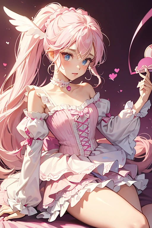 her eyes brighten and her longer hair turns bright blonde, worn in four large curls with the rest pulled up into a ponytail with two large loops resembling a heart held up by a pink and white hair piece. On each side of the head is a pink and white heart with heart-shaped fabric. A pink pointed choker and magenta heart earrings are included. She wears a pink dress with white detail and winged sleeves. Straps of magenta and white circle the chest, shoulder, and waist, a magenta ribbon with heart-shaped tails rests on the corner. The scalloped skirt has a pointed pale blue layer, followed by a peplum of four points, a frilly white petticoat. She also gains magenta shorts, pink and white boots to match the sleeves, each adorned by a magenta gem heart to match the one on the chest. White heart-shaped fabric hangs from it.