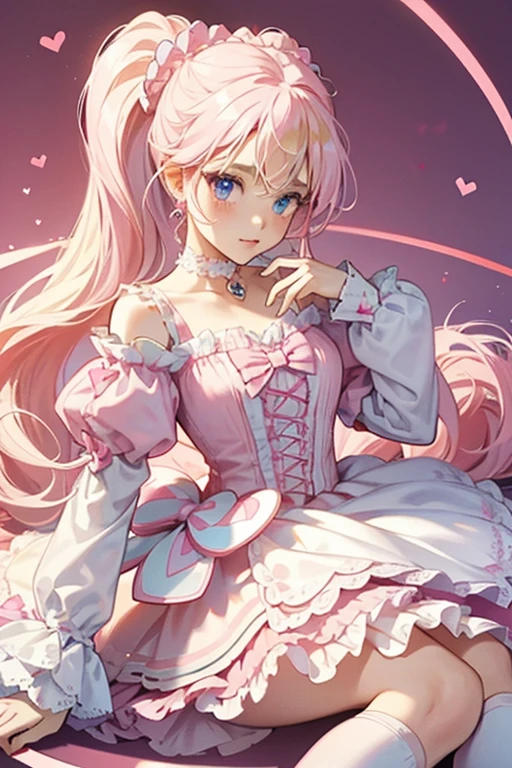 her eyes brighten and her longer hair turns bright blonde, worn in four large curls with the rest pulled up into a ponytail with two large loops resembling a heart held up by a pink and white hair piece. On each side of the head is a pink and white heart with heart-shaped fabric. A pink pointed choker and magenta heart earrings are included. She wears a pink dress with white detail and winged sleeves. Straps of magenta and white circle the chest, shoulder, and waist, a magenta ribbon with heart-shaped tails rests on the corner. The scalloped skirt has a pointed pale blue layer, followed by a peplum of four points, a frilly white petticoat. She also gains magenta shorts, pink and white boots to match the sleeves, each adorned by a magenta gem heart to match the one on the chest. White heart-shaped fabric hangs from it.