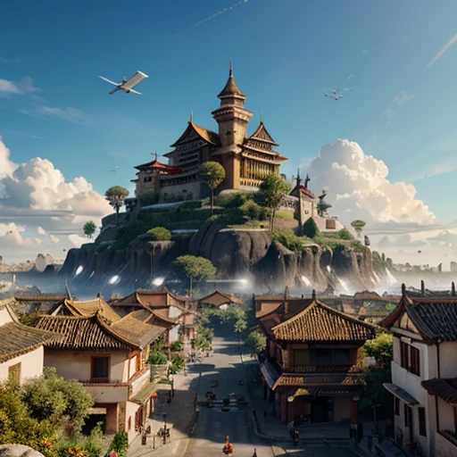 Isometric perspective, game style, Chinese style architecture, a big balloon hanging from a flying boat, Q version, do not be realistic